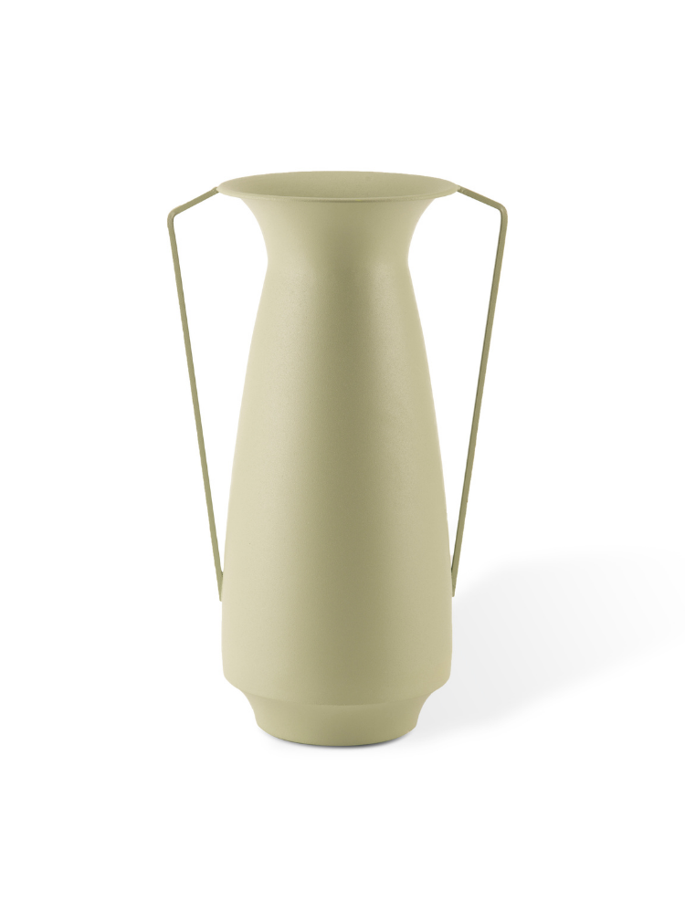 Dekorative Vase mit breiter Oeffnung und Henkel.